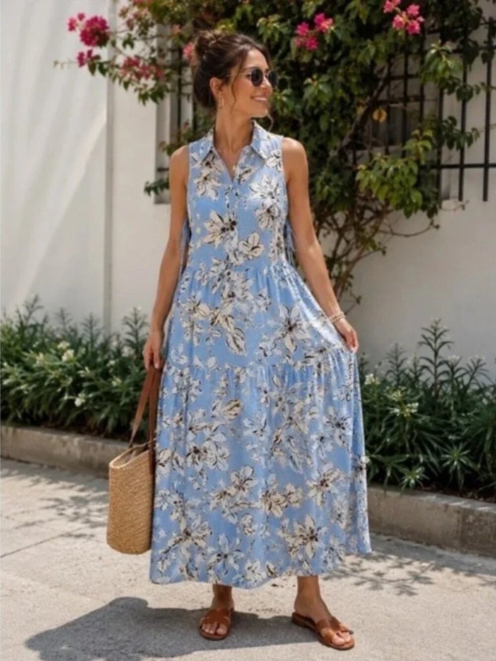 Calypso St. Barth Blue Floral Sleeveless Collared Tiered Maxi Dress Medium